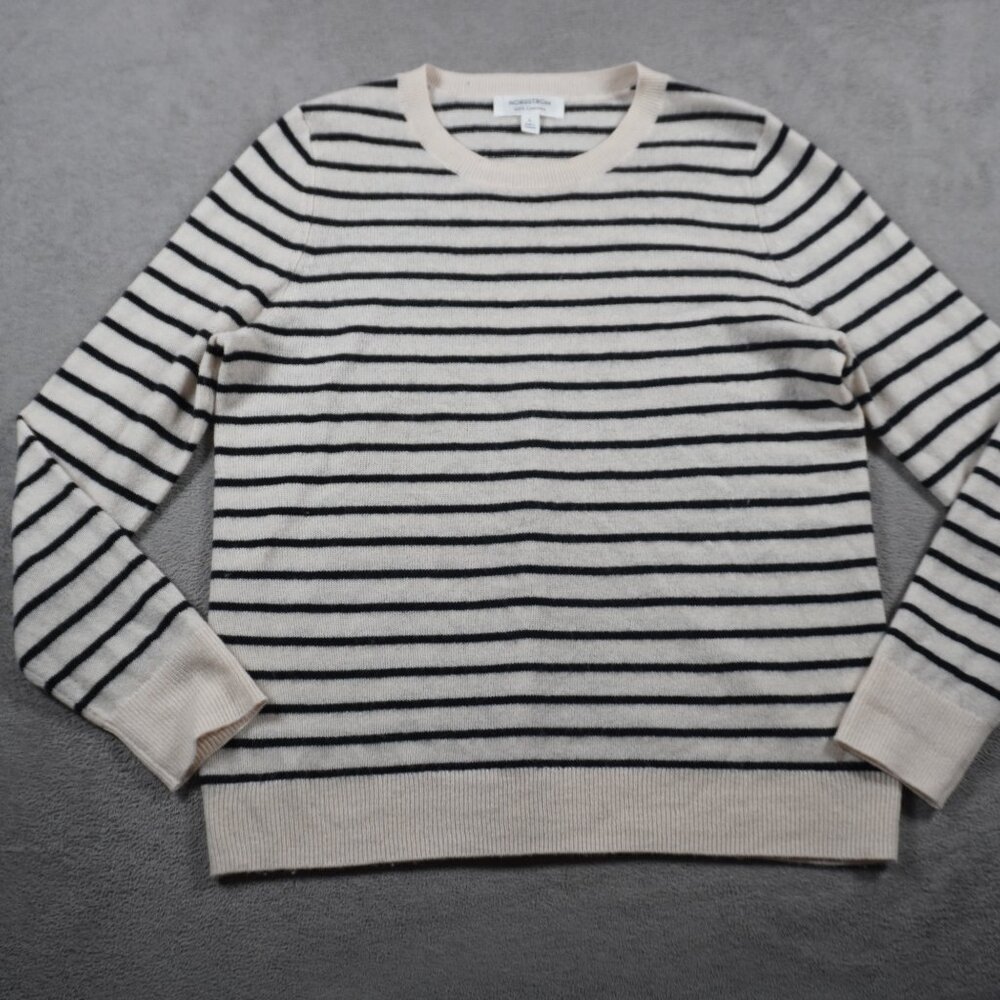 Nordstrom 100% Cashmere Sweater Large Crew Neck Black Ivory Striped Long Sleeve